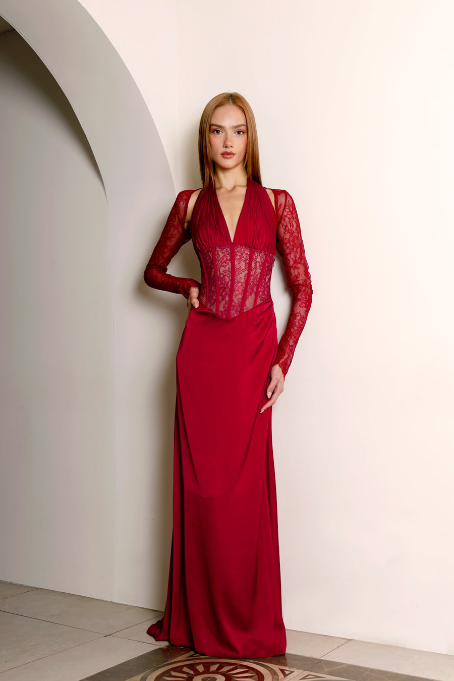 Florence Red Satin Lace Evening Gown with Bolero 40