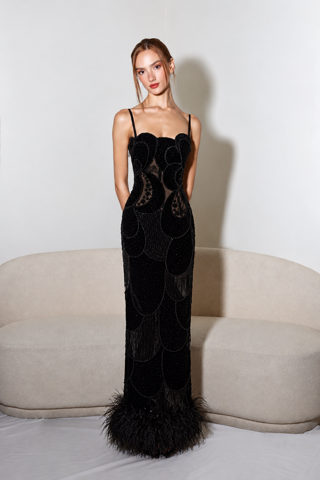 CÉLIA EMBROIDERED BLACK VELVET GOWN