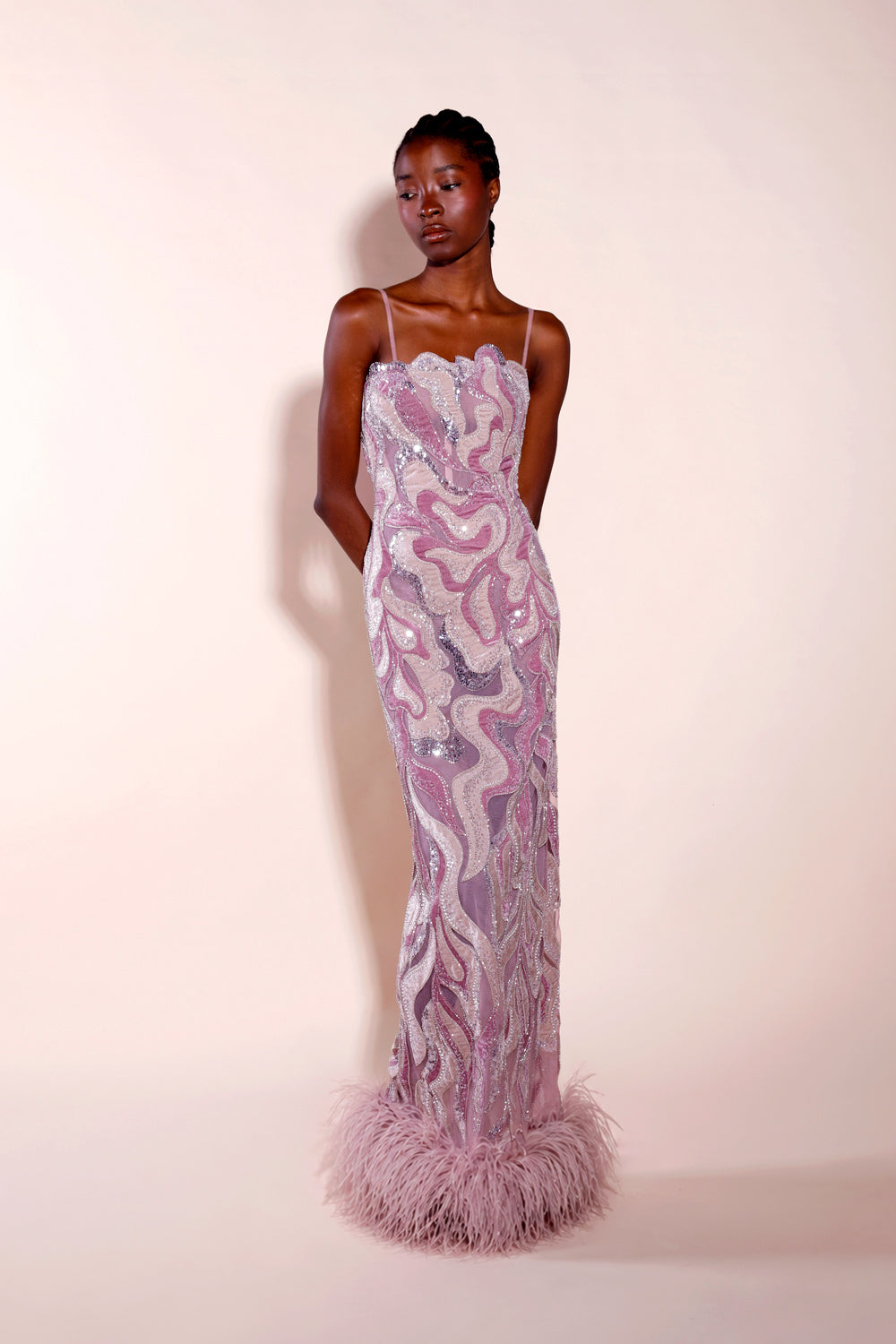Sélyna Embroidered Velvet Gown with Feathers
