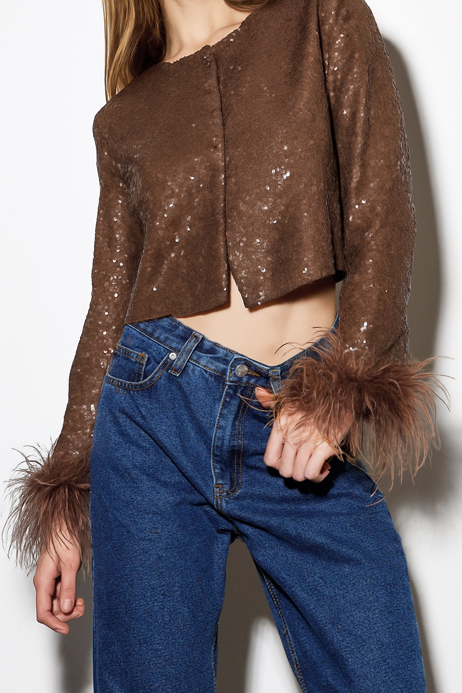 ASTRA SEQUIN FEATHER VEST BROWN